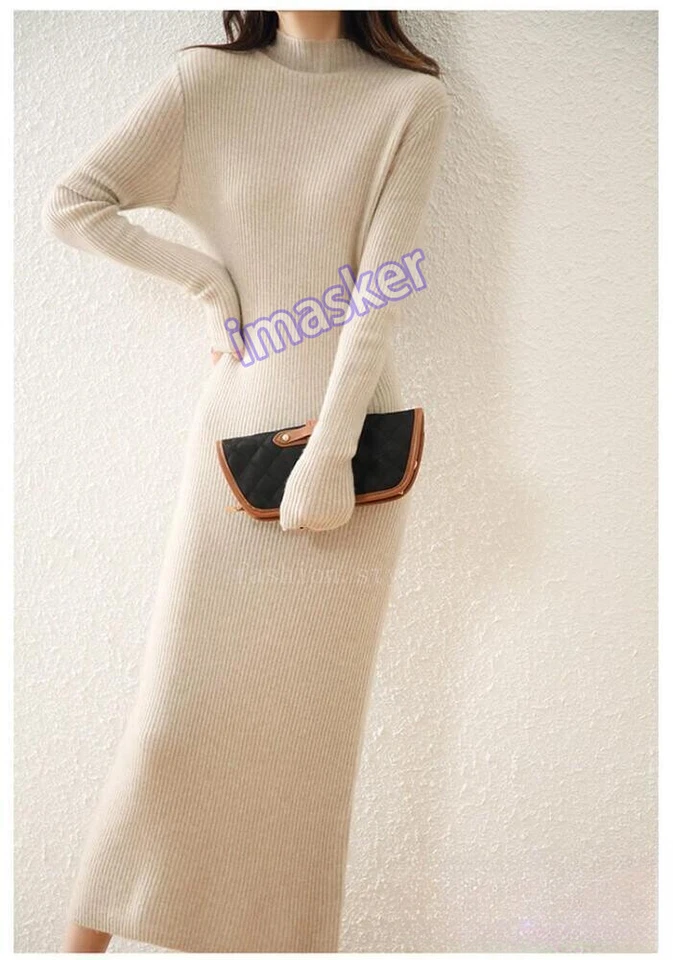 Maxi falda larga de lana de cuello alto 100 % cachemir tejido suéter vestido para mujer Foto 2 de 4