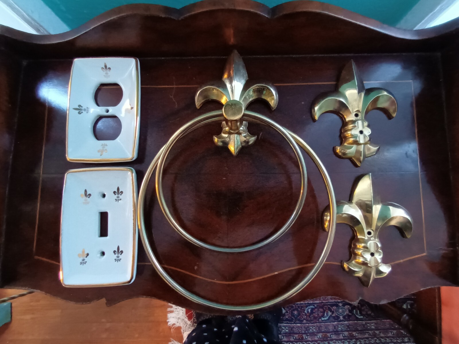 Lot Vtg Sears Harmony House Brass Fleur De Lis Towel Holder Ring Switch