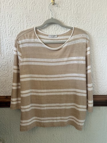 Le Tricot Perugia Linen Striped Jumper Camel And White Size Large - Picture 6 of 8