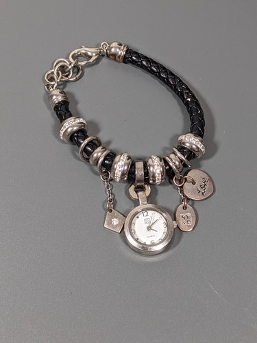NYC Silver Tone Love Heart Charm Watch Bracelet Black Braided Cord 9.5 inch