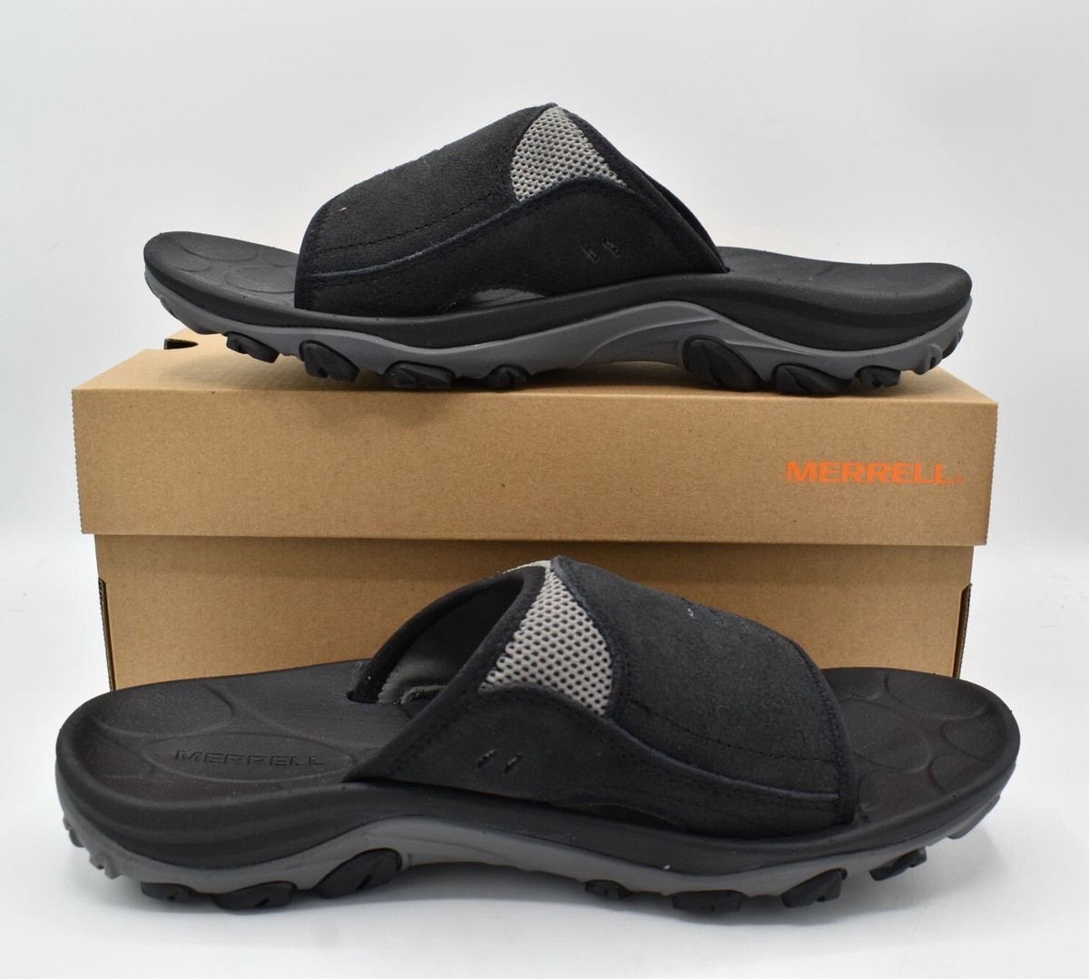 Merrell Mens Size Huntington Black Leather Slip On Slide Sandals