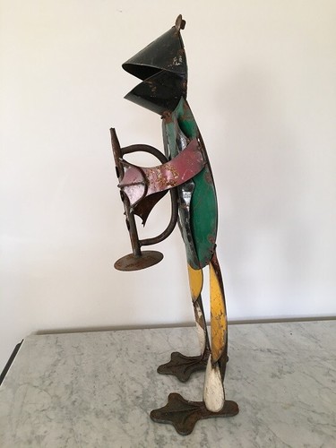 1930's Folk Art Metal Sculpture of a Standing Frog w/ Musical Instrument - Picture 2 of 12