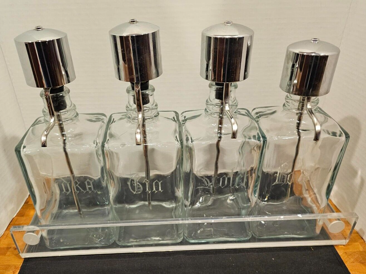 工芸品 MCM Decanter Vtg MCM Pump Liquor Dispenser Glass Decanter Set Lucite Tray 4