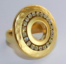 Designer Yellow Gold 24K Plated Round Hole Disc Ring Clear Crystals Stones Sz 8