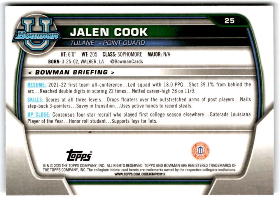 2022-23 Bowman University Chrome Basketball #25 Jalen Cook  Bowman  V97330 - Image 2 of 3