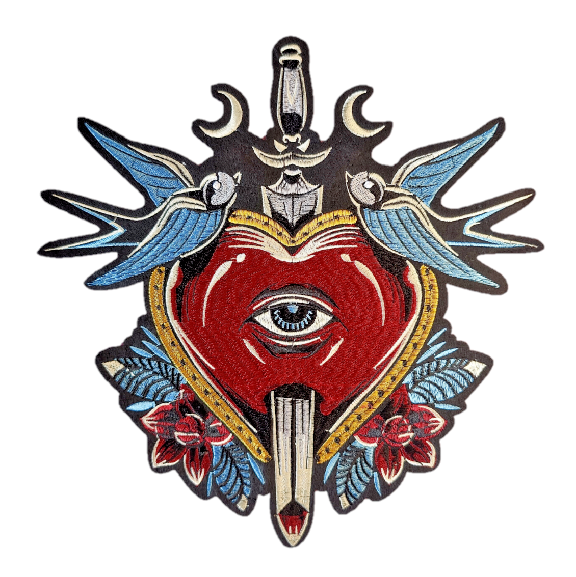 Gothic Embroidered Heart Eye Dagger Iron On Patch 28x29 cm P109