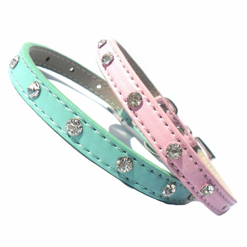 Diamante Crystal Dog Collar / Lead / Set Puppy Rhinestone Baby Pink Blue 6-14" - Picture 24 of 33