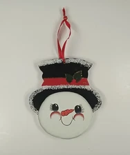 Wooden Top Hat Snowman Head Christmas Ornament w/ Glitter Accents Hanging Ribbon