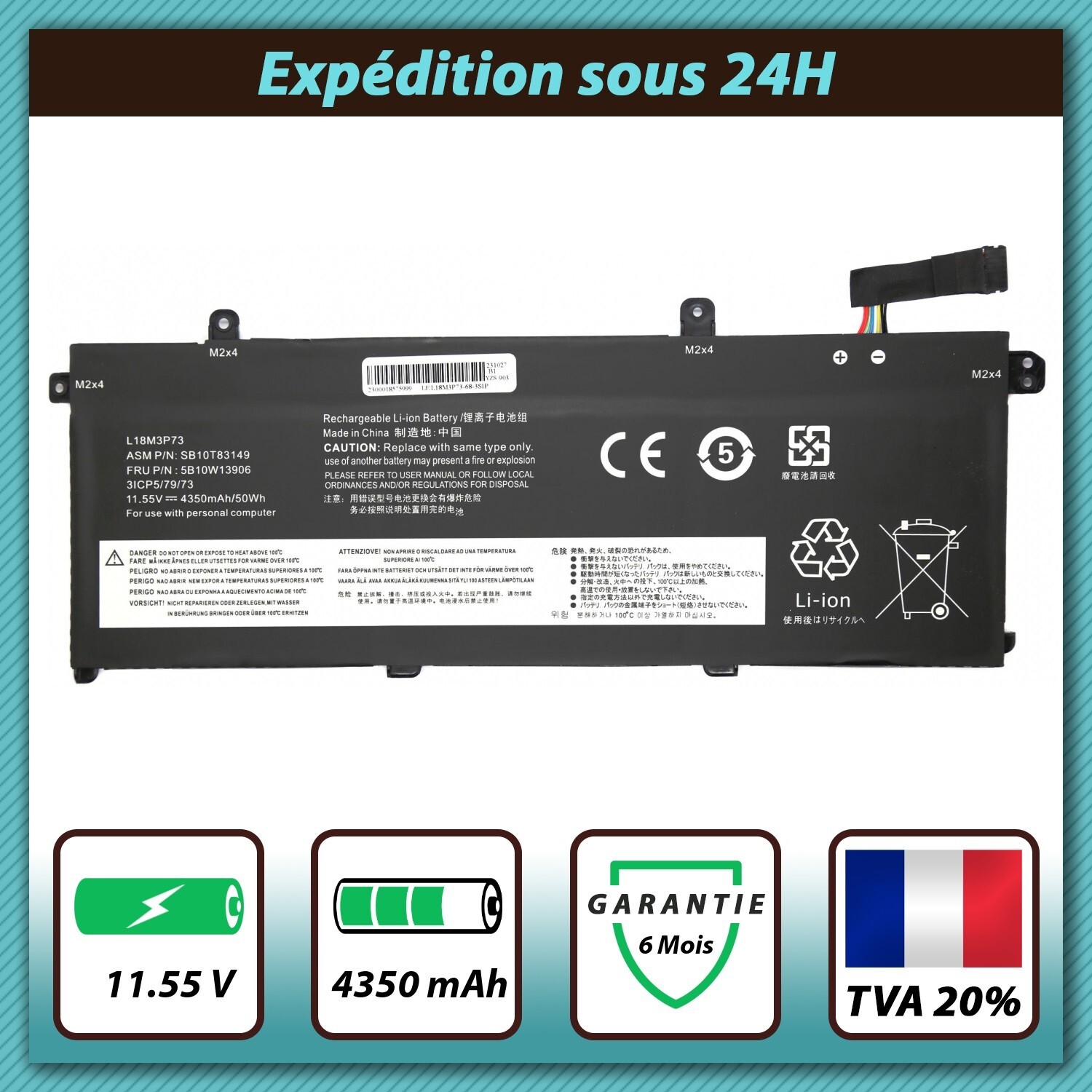 Batterie Lenovo 02DL009 compatible de 11.55V et 4350mAh pour ordinateur portable ThinkPad