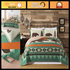 Rustic Cabin Bear Quilt Set - King Size with 2 Shams, Wilderness Lodge Bedding,