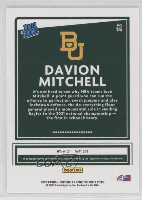 2021-22 Panini Chronicles Draft Picks Blue /99 Davion Mitchell #35 Rookie RC - Image 2 of 2