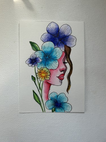 ACEO Art Card Original Hand-Painted Watercolor Fancy Lady Profile, Flowers