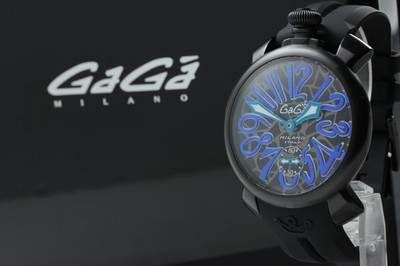 *Near MINT Box* GaGa MILANO Manuale 48 Black Blue Hand Winding Men's Watch JAPAN