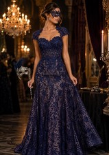 Mac Duggal HTF #79306 “Midnight” Blue Lace Mermaid Gown Size 12