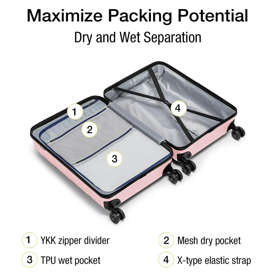 Equipaje de mano rígido rosa 22x14x9 aprobado por aerolínea con bloqueo TSA rígido... Foto 3 de 4