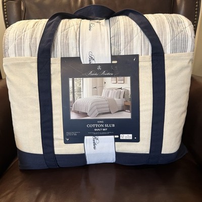 Brooks Brothers Tan, Black & Ivory Striped King Cotton Slub Quilt Set 106 x92 