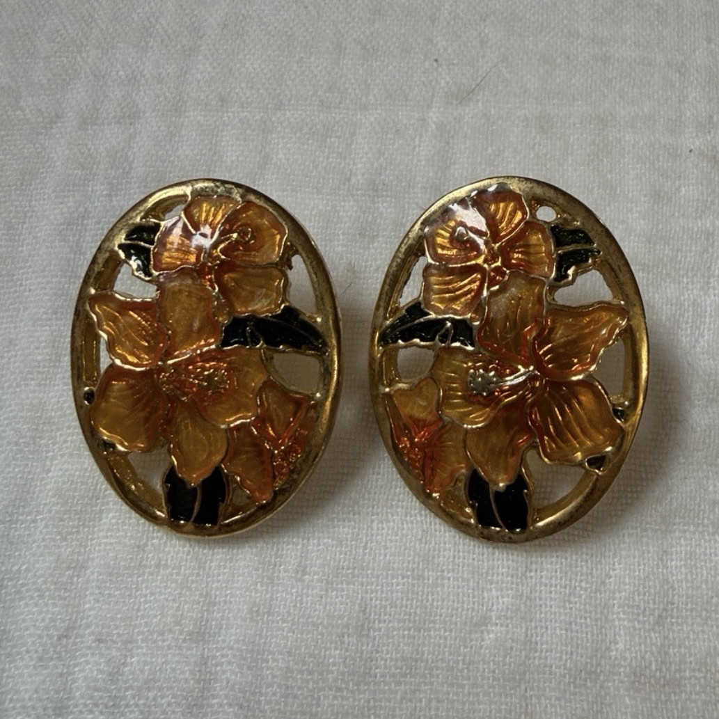 Vintage Enamel Orchid/Hibiscus Peach and Gold Earrings Post Back