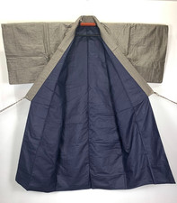 Vintage Japanese Kimono Men Silk Tsumugi Brown Plaid Check Men Robe Jacket Coat