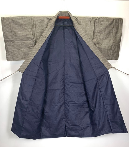 Vintage Japanese Kimono Men Silk Tsumugi Brown Stripe Navy Blue Robe Jacket Coat