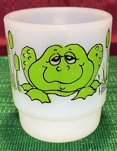Anchor Hocking Vintage Fire King Hildi Green Frog Coffee Mug, 8 Oz Milk Glass