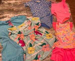 Lot Of 5. Girls 3 Bathing Swim Suits & 2 Cover-ups. Size 4,5,6.