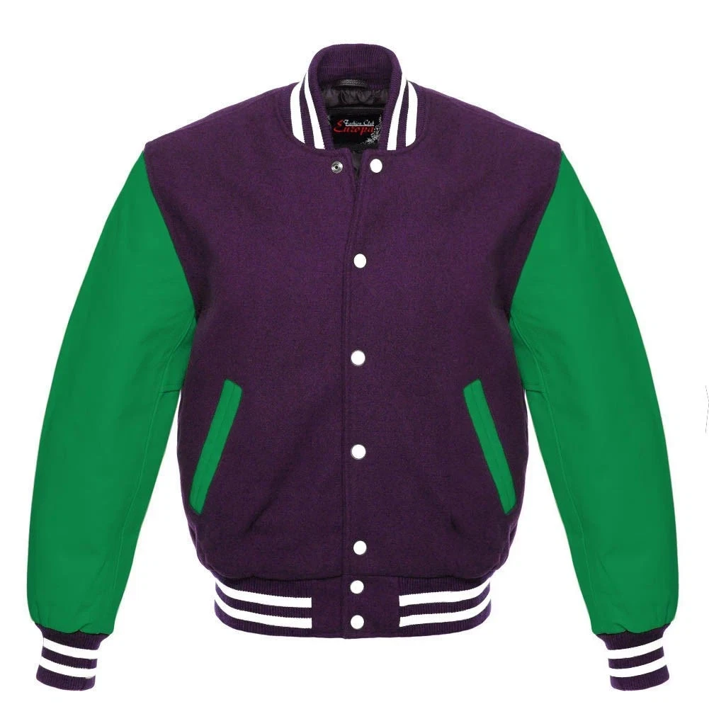 Men's Wool Letterman Varsity Jacket Genuine Leather Sleeve Bomber Coat