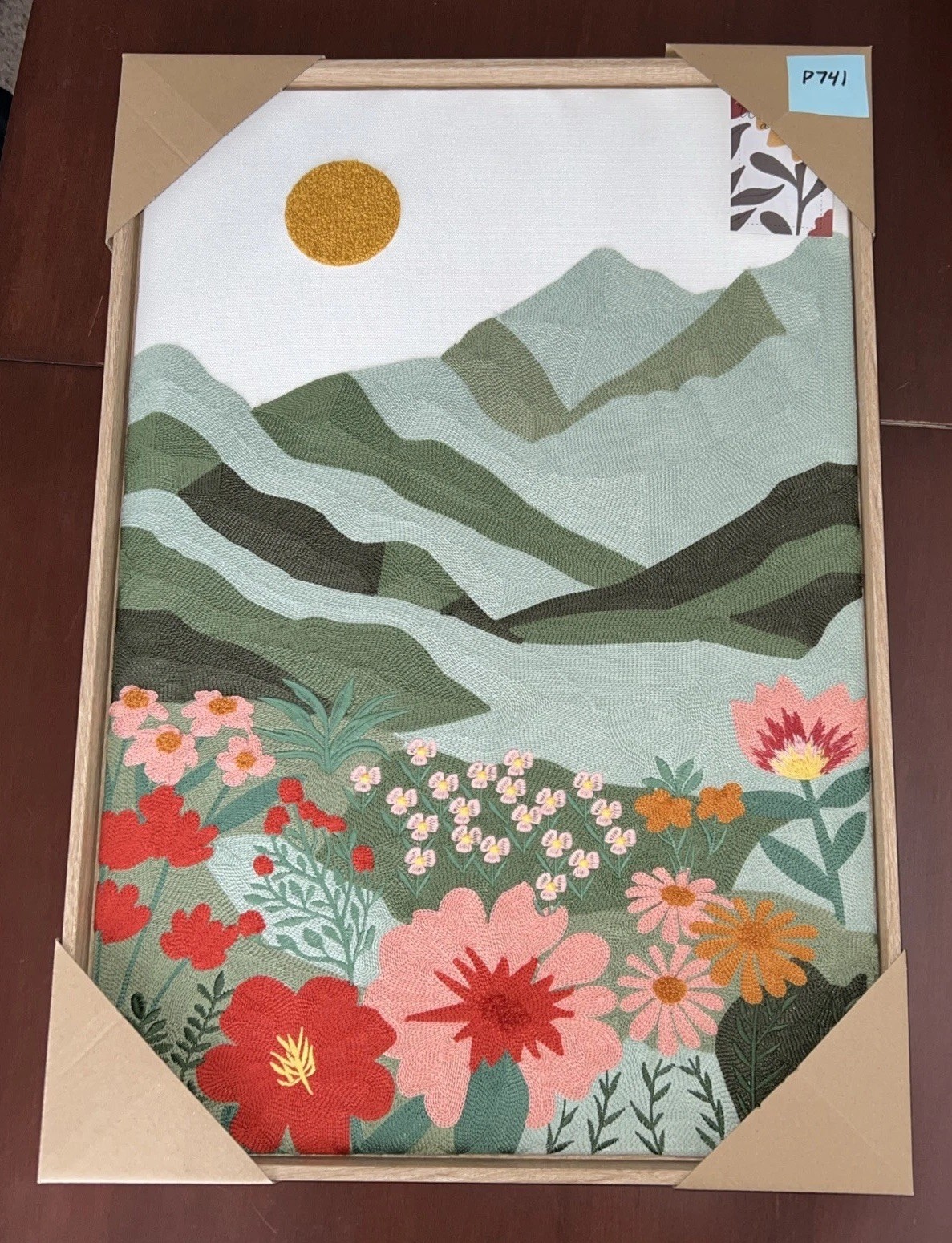New BP Home Textile Embroidery Woven Wall Art Sun Mountains Flowers 18”x26”