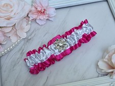 Wedding Garter Fuchsia Pink White Satin Rhinestone Flower Prom Bridal Toss