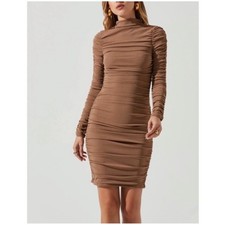ASTR The Label Ruched Mock Neck Long Sleeve Bodycon Mini Dress Tan Size M