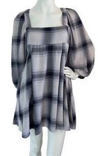 Urban Outfitters Plaid Babydoll Dress XS Grunge 90s Boho Mini Blue Tie Back EUC
