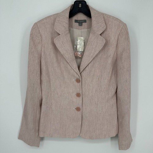 Ann Taylor Tweed Blazer Sakko 4 Fischgrätmuster 3 Knöpfe Arbeit Karriere Rosa Creme Neu mit Etikett - Bild 1 von 7