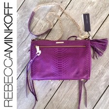 Rebecca Minkoff 5 Zip Snake Embossed Leather Purse Shoulder Bag Purple Cross Nwt