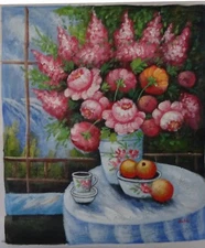 Pink Floral Bouquet Original Hand Signed Oil Painting on Canvas 20 x 24 In.