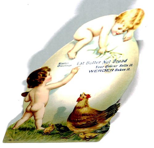 fantasy, children large egg, chicken, advert, die cut trade card, F. Brundage - Picture 5 of 5