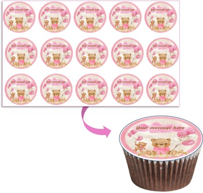 TEDDY BEAR Baby Girl shower Image Edible cupcake topper decoration Bear ...
