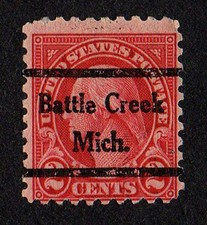 USA, SCOTT # 583, PRECANCEL BATTLE CREEK, MICHIGAN, GEORGE WASHINGTON, YEAR 1924
