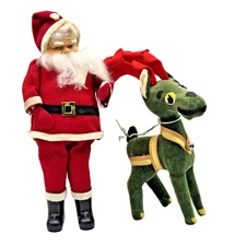 Vintage Dakin Santa Claus & Green Reindeer Plush Set 1960s Japan Felt Christmas