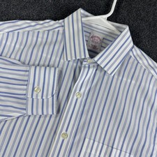 Brooks Brothers Dress Shirt Mens 15 32 White Blue Striped Non-Iron Supima Cotton