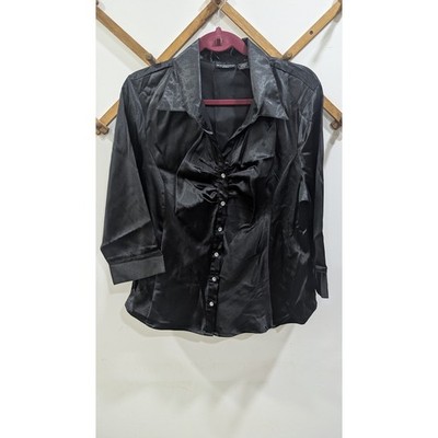 Blue Diamond Black Satin Button Down Blouse Rhinestone 3/4 Sleeve XL whimsigoth