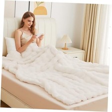 Fluffy Blanket King Size Faux Bunny Fur Fuzzy King 90"W x 108"L Light Beige
