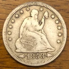 1853 P SEATED LIBERTY QUARTER WITH RAYS AND ARROWS VF