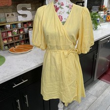 Old Navy Womens Size Small Linen Blend Wrap Dress Puff Sleeve Yellow New