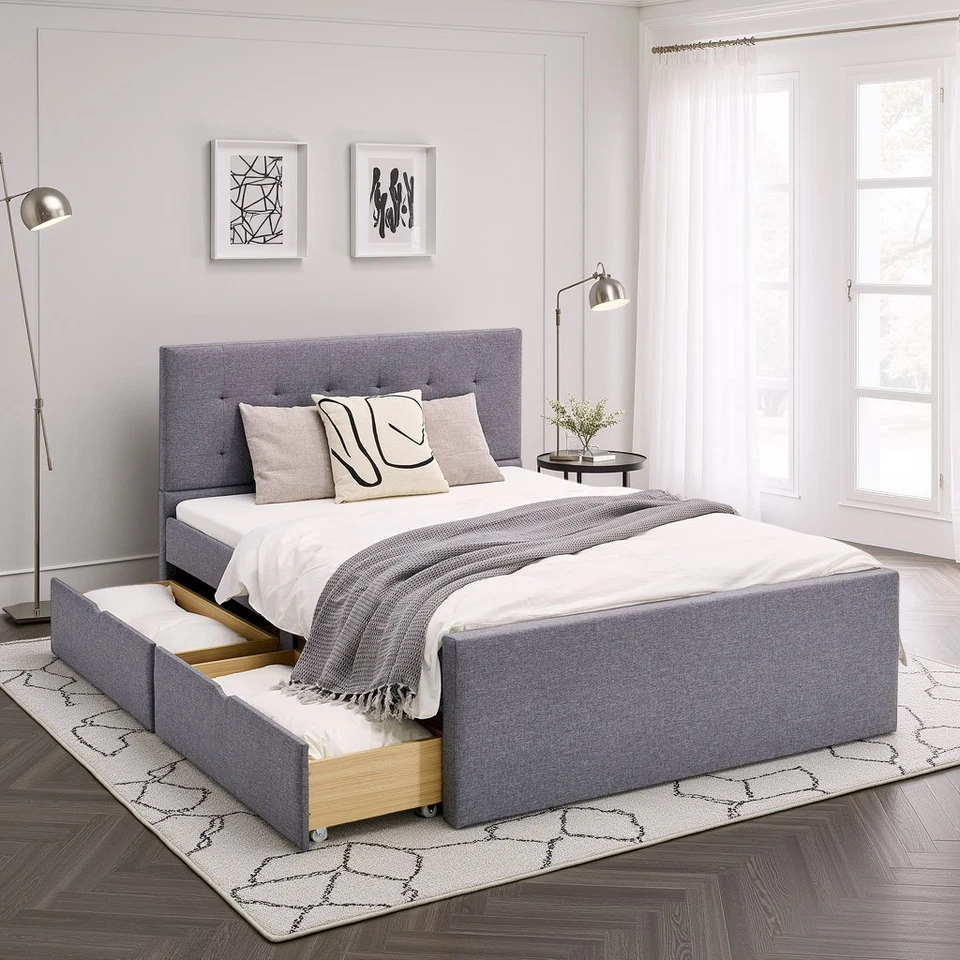 Polsterbett 120x200 cm mit Stauraum 2 Schubkästen Grau Lattenrost – Homestyle4u - Bild 1 von 4