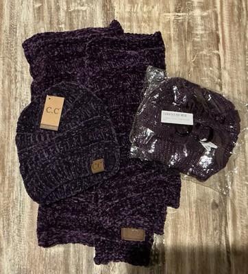 CC C.C Soft Chenille Soft Knit Scarf & 2 Hat Beanie Set Purple + Purple Sparkle