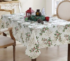 Christmas Golden Holly Vinyl Tablecloth with Flannel Backing, Metallic Gold H...