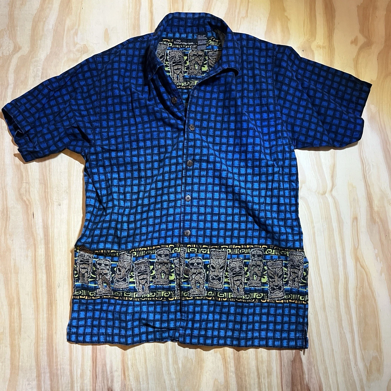 No Boundaries Woven Cotton Tiki Print Button-Up Shirt Blue Short Sleeve Men's L