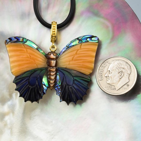 Alternate view of Carved Multicolor Shell Butterfly Pendant Gold Vermeil Sterling Silver 7.34g