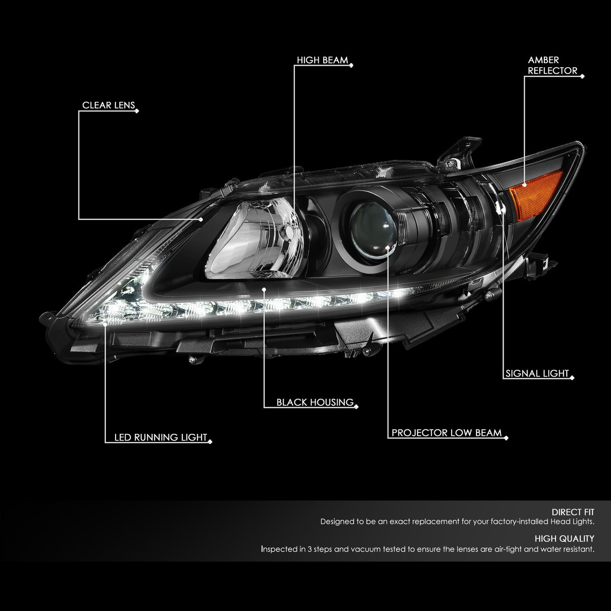 Fit 13-15 Lexus ES300h/ ES350 Black Amber Projector Headlight