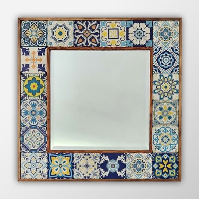 Ägäis Fliesen Spiegel 62x62cm Handarbeit Travertin Holz Rahmen Wandbild Deko