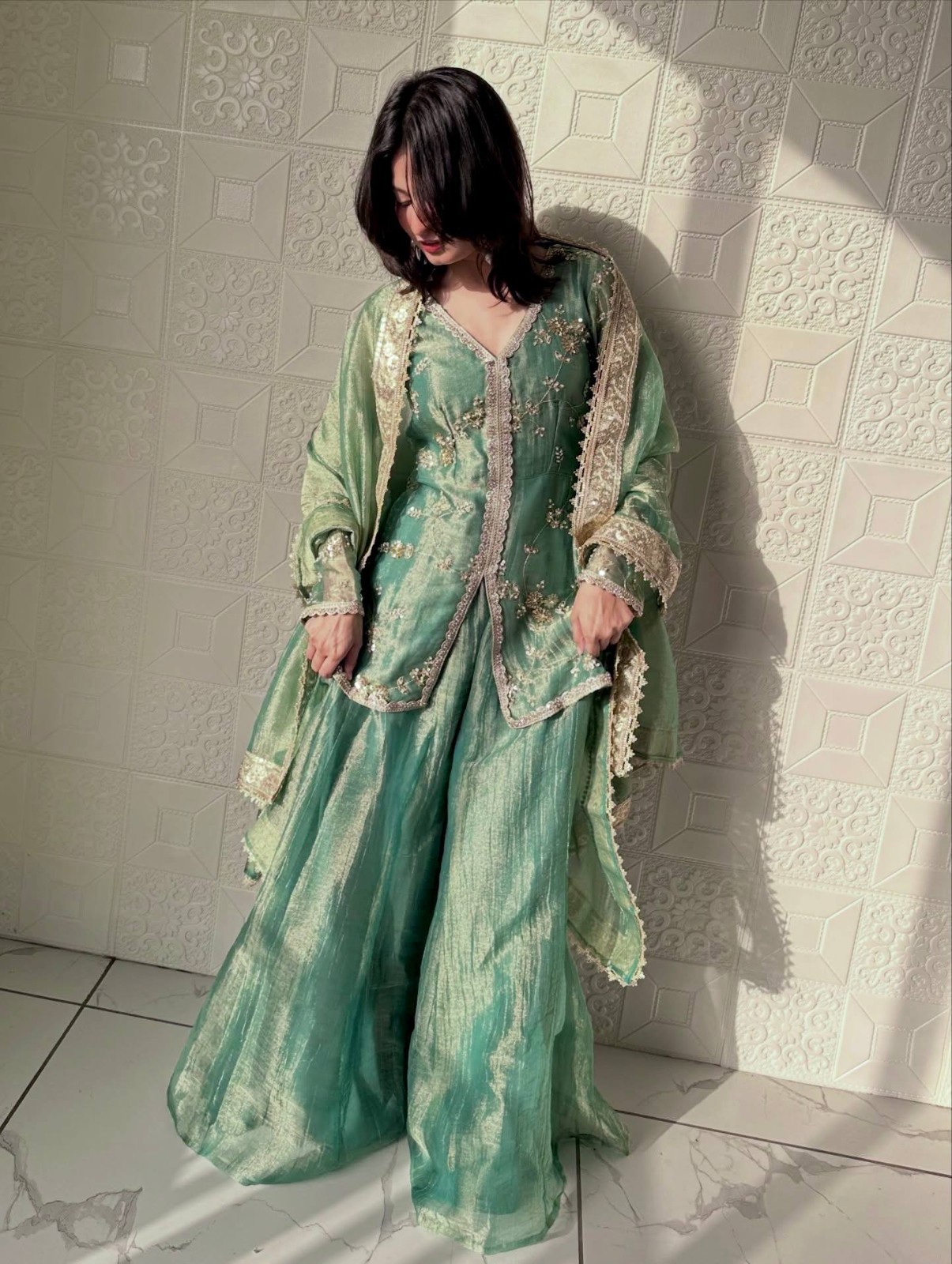 New Presenting Fendi Silk Teal Green Top Palazzo With Dupatta For Women Wear